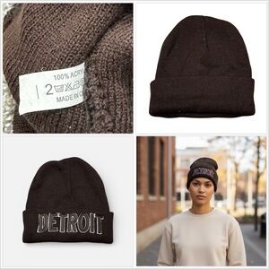 Beanie Hat Unisex Rolled Cuffed Knit Adult Logo Brown DETROIT